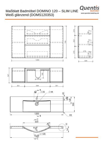 Badmoebel DOMINO SLim-Line 120 Tiefe 35 cm weiß matt Waschtisch und Unterschrank montiert