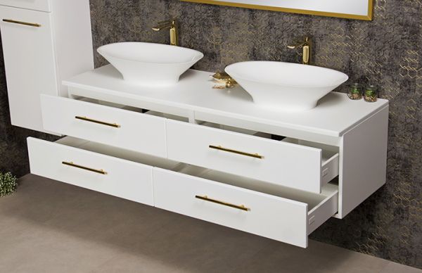 Badmöbel BELLI 160 cm, Weiß seidenmatt, Doppelwaschplatz inkl. 2 Aufsatzbecken