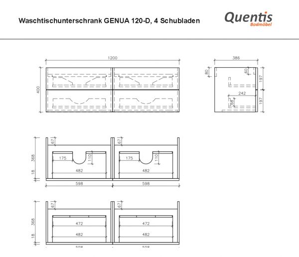Genua Breite 120 cm, Nussbaum, Doppelwaschtisch mit Unterschrank (GE22OR)