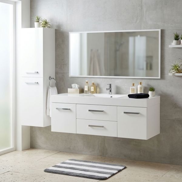 Badmöbel ARUVA Breite 140 cm, Weiß gläanzend mit passendem Hochschrank