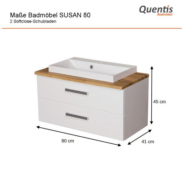 Badmöbel SUSAN 80 cm Weiß Hochglanz / Eiche Natur mit Waschbecken, 2 Schubladen