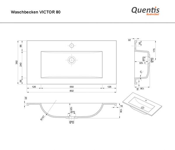 Badmöbel VICTOR 80 cm, seidenmatt schwarz, Waschtischunterbau mit 3 Schubladen (montiert)