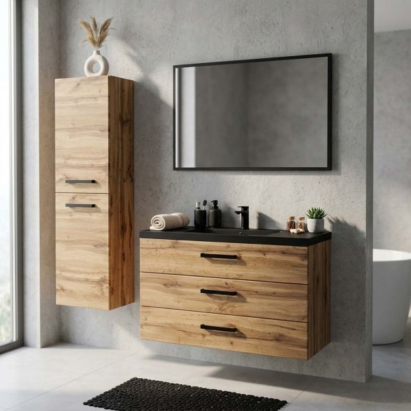 Badmöbel FOKUS LOFT 100 XL, Eiche Natur, Unterschrank montiert, Waschtisch schwarz matt