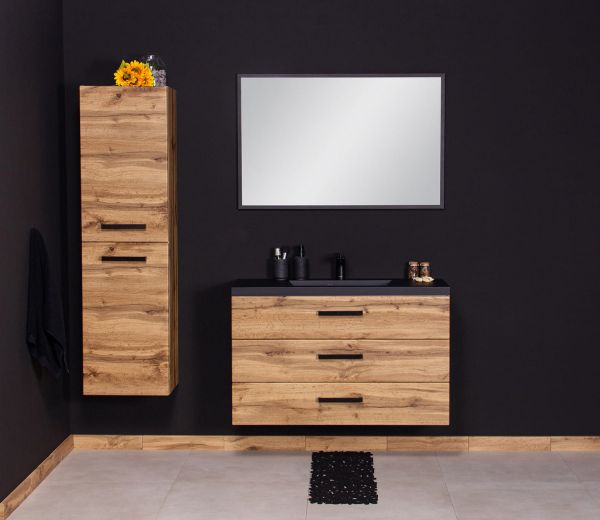 Quentis Badmoebel Fokus Loft 80 cm 3S Eiche Natur Waschbecken schwarz matt FKSN80362