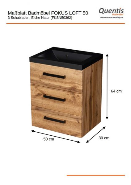 Badmöbel Fokus LOFT 50-XL, Eiche Natur, Waschtisch schwarz matt, Waschtischunterschrank montiert