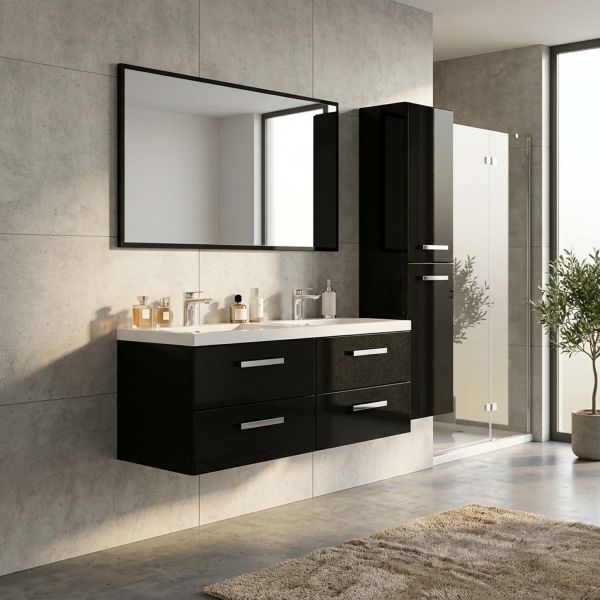 Doppelwaschtisch mit Unterschrank, GENUA Breite 120 cm, schwarz glänzend