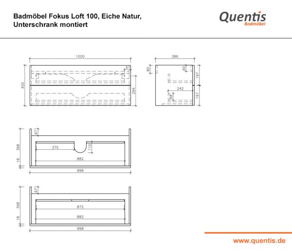 Badmöbel FOKUS-LOFT 100, Eiche Natur, Waschbecken schwarz matt, Waschtischunterbau montiert