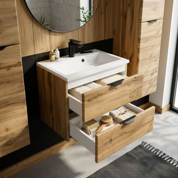 Badmöbel VICTOR 60, Eiche Natur, Waschtischunterbau mit 2 Softclose-Schubladen, vormontiert