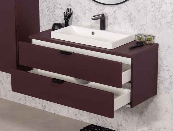 Badmöbelset MAGNOLIA 100 , Burgunderrot satiniert, Waschtischunterbau montiert inkl. Waschbecken w