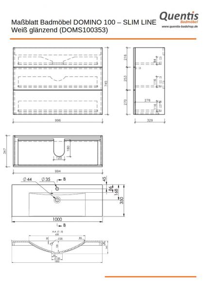 Badmöbel DOMINO SLim-Line 100, Tiefe 35 cm, weiß matt, Waschtisch und Unterschrank (montiert)-Copy