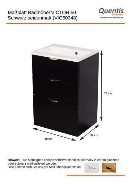 Maßblatt Badmöbelset VICTOR 50, 3 Schubladen, schwarz matt (VIC50348)