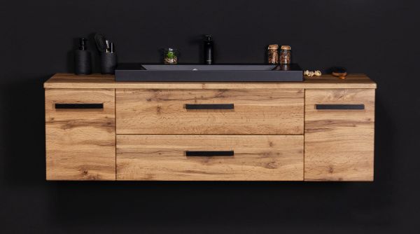 Badmöbelset FOKUS LOFT 140 cm von Quentis – Eiche Natur mit schwarzem Waschbecken matt