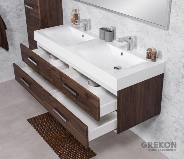 Badmöbelset Doppelwaschplatz ZENO, Breite 140 cm, Nussbaum, montiert