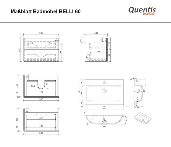 Badmöbel BELLI Breite 60 cm, weiß matt Waschbeckenunterschrank montiert