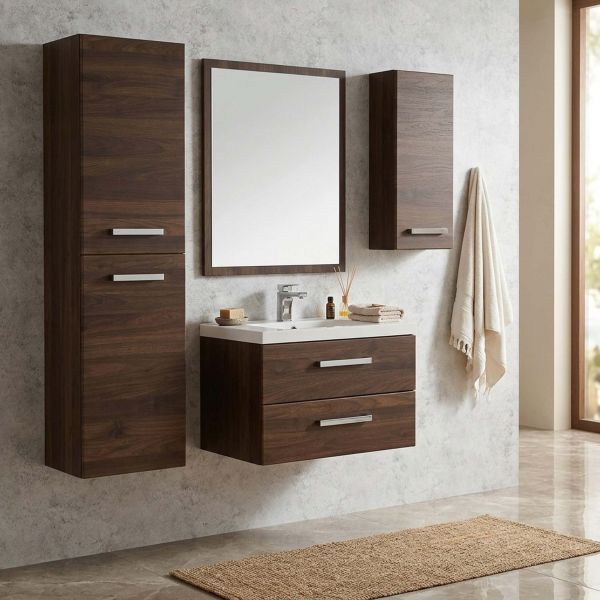 Badmöbel GENUA 60 cm, Nussbaum, Waschtischunterschrank montiert, inkl. Waschbecken