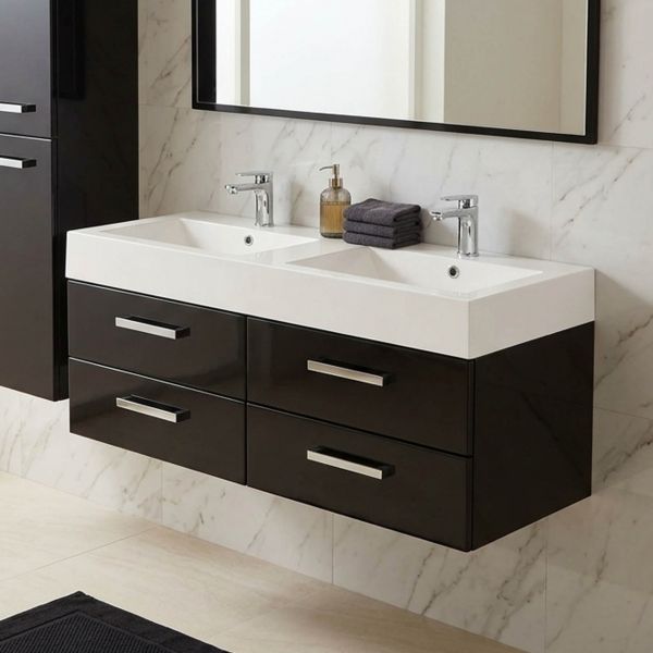 ARUVA Doppelwaschtisch mit Unterschrank, Breite 120 cm, Schwarz Hochglanz