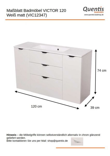 Badmöbel VICTOR 120 cm, Waschtischunterbau mit 3 Schubladen, seidenmatt weiß
