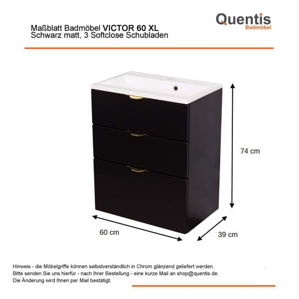 Badmöbel VICTOR XL 60 cm, Schwarz matt, Waschbecken mit Unterschrank, 3 Schubladen, vormontiert