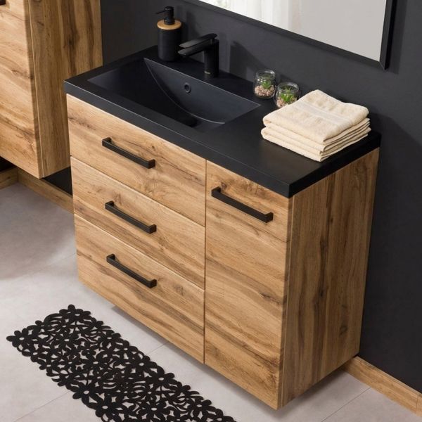 Badmoebel Fokus Loft 90 XL Eiche Natur Waschbecken schwarz matt