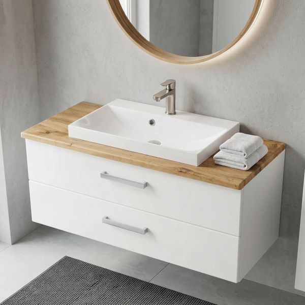 Badmöbel SUSAN Breite 100 cm, Weiß Hochglanz mit Eiche Natur, 2 Softclose-Schubladen