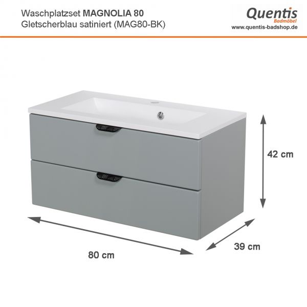 Badmöbel MAGNOLIA 80 cm, gletscherblau satiniert, Waschtischunterbau montiert inkl. Waschbecken