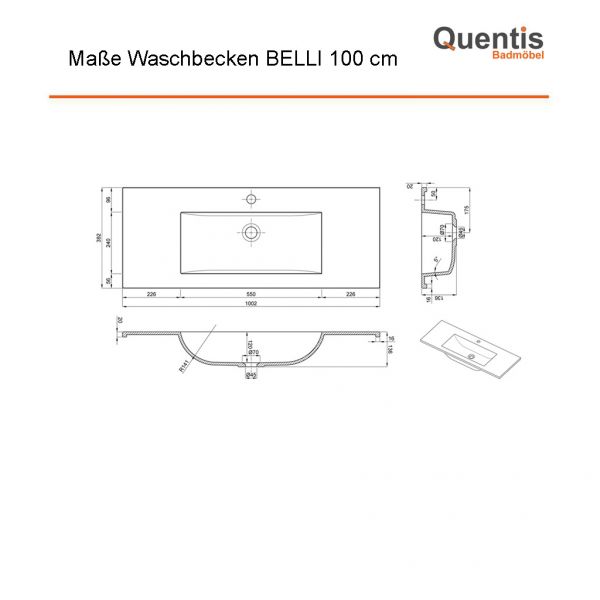 Badmöbel BELLI 100 cm Weiß matt – Waschbecken mit Unterschrank, 2 Schubladen, vormontiert