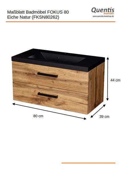 Maßblatt Badmöbel Fokus Loft 80, Eiche Natur, Unterschrank montiert (FKSN80262)