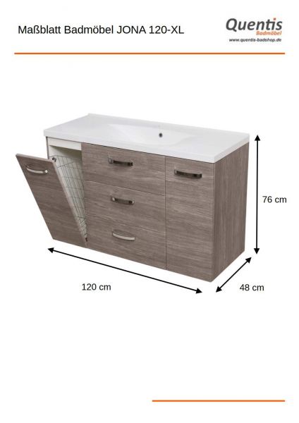 Badmöbel JONA 120-XL, Eiche grau, Waschtisch mit Unterbau, vormontiert