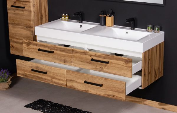 Badmöbel ZENO Breite 140 cm, Eiche Natur, Doppelwaschtisch mit Unterschrank, montiert