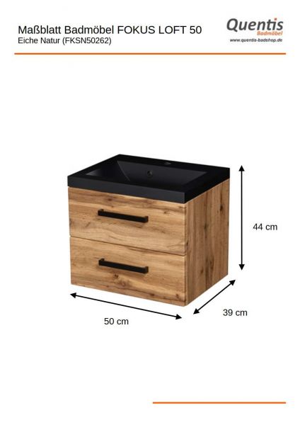 Badmöbel Fokus LOFT 50, Eiche Natur, Waschtisch schwarz matt (FKSN50262)