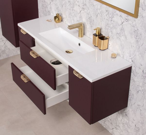 MAGNOLIA 120 cm, burgunderrot satiniert, Waschtischunterbau montiert inkl. Waschbecken (MAG120-BR-G)