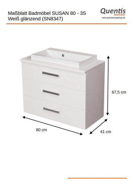 Badmöbel Susan, Breite 80 cm, weiß, 3 Schubladen, Waschtischunterbau montiert