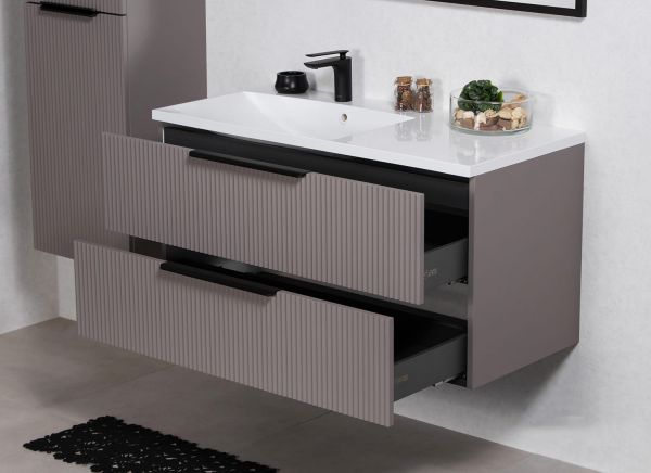 Badmoebel SYDNEY 100 cm taupe matt Waschtisch mit Unterschrank montiert SYDB100L