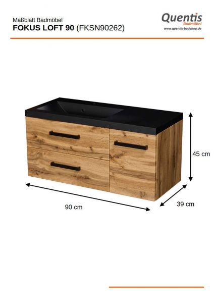 Quentis Badmoebel Fokus Loft 90 cm Eiche Natur Waschbecken schwarz matt FKSN90262