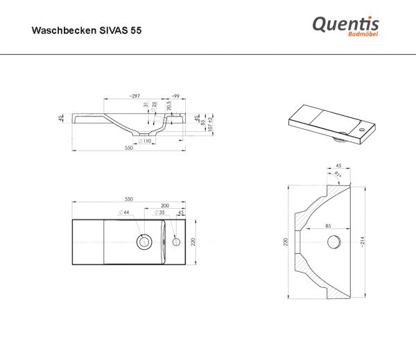 Gäste-WC Möbel Sivas, Breite 55 cm, Ablage rechts