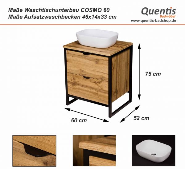 Maßblatt Badmöbel Cosmo, Breite 60 cm, Aufsatzbecken weiß (CS6062)