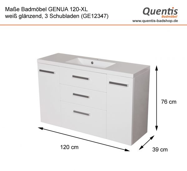 Maßblatt Quentis Badmöbel Genua 120 - XL, weiß, 3 Schubladen, montiert, GE12347