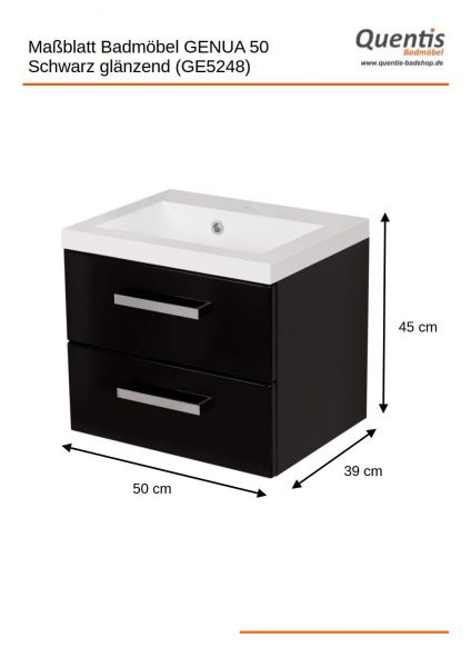 Badmöbel GENUA Breite 50 cm, schwarz glänzend, Waschtischunterschrank montiert