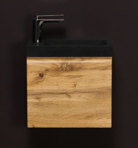 Badmöbel Gäste-WC FAROS 40, Eiche Natur, Waschbecken schwarz matt, Waschbeckenunterschrank montiert