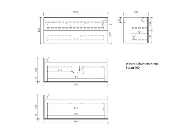 Badmöbel SUSAN Breite 100 cm, Holzdekor antik, Waschtischunterbau montiert