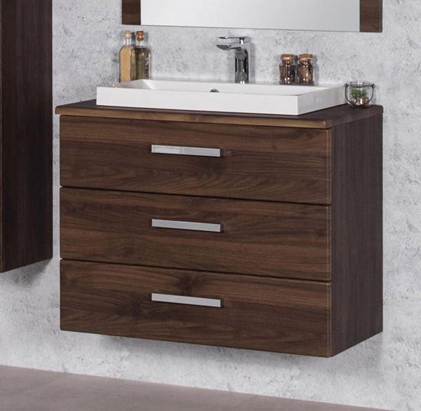 Badmöbel SUSAN Breite 80 cm, Nussbaum, 3 Schubladen, Waschtischunterbau aufgebaut
