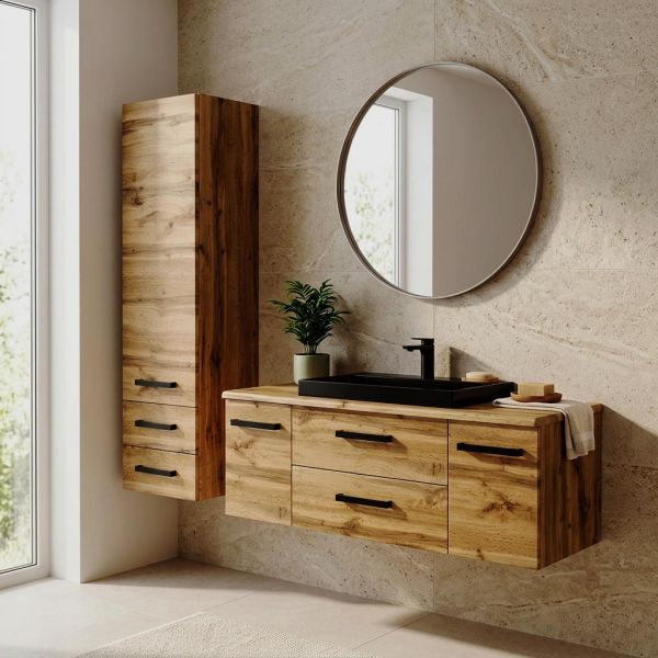 Badmöbel FOKUS-LOFT 120, Eiche Natur, Waschbecken schwarz matt, Waschtischunterbau montiert
