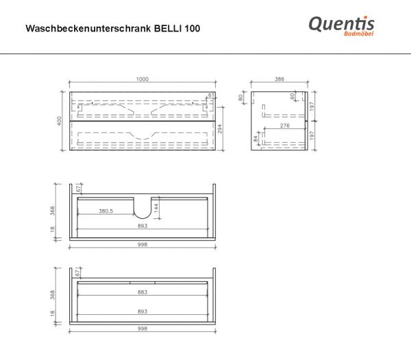 Badmöbel BELLI Breite 100 cm, seidenmatt schwarz, Waschbeckenunterschrank montiert