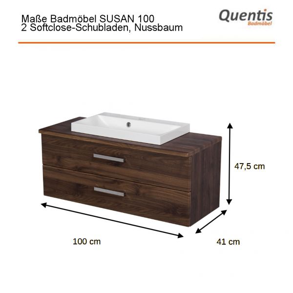 Badmöbel SUSAN Breite 100 cm, Nussbaum, Waschbeckenunterschrank montiert