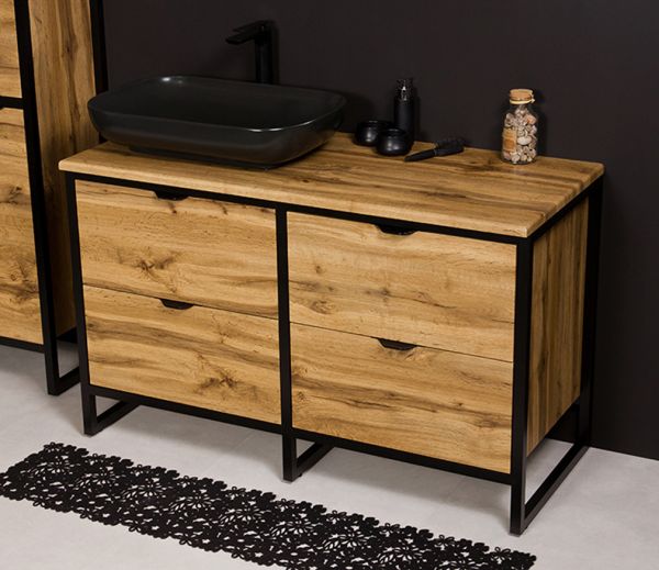 Badmöbel COSMO 120 cm, bodenstehend, Eiche/ Schwarz, Aufsatzbecken schwarz