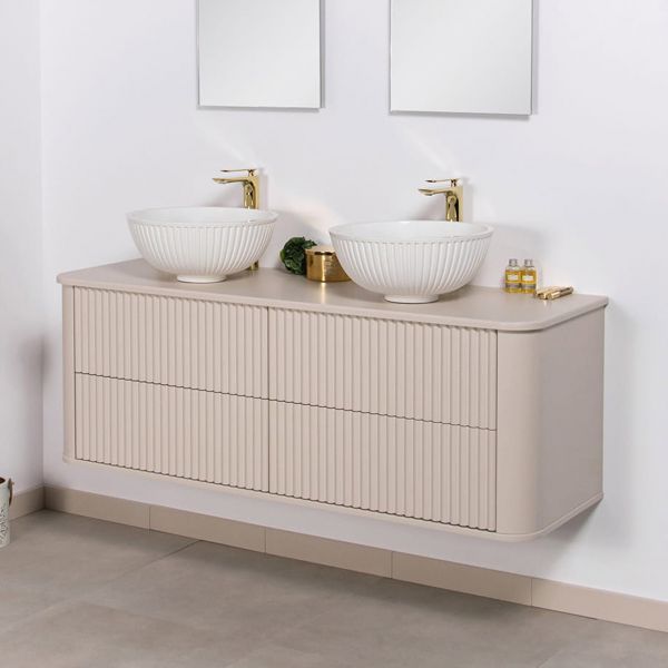 Doppelwaschtisch LILIA 140 cm, sand matt, Waschtischunterschrank montiert, inkl. 2 Aufsatzbecken