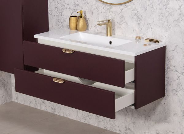 MAGNOLIA 100 cm, burgunderrot satiniert, Waschtischunterbau montiert inkl. Waschbecken (MAG100-BR-G)