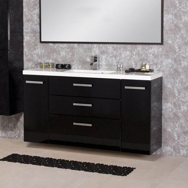 Badmöbel GENUA 140 cm XL, schwarz glänzend, Waschtischunterschrank montiert, inkl. Waschbecken
