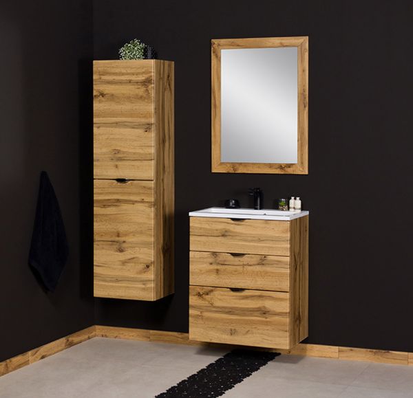 Waschplatzset VICTOR 60 cm, Waschtischunterbau mit 3 Schubladen inkl. Gussmarmorbecken, Eiche Natur (VIC60362)