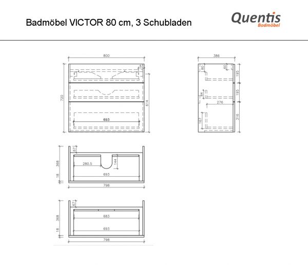 Badmöbel VICTA, Breite 80 cm, weiß matt, 3 Schubladen, Waschbecken weiß